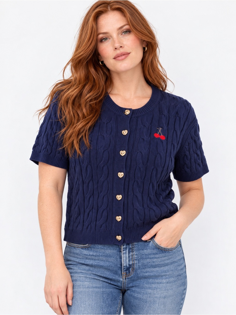 Cider Cable Knit Cherry Embroidery Navy Blue Heart Buttons Cardigan Sweater 4XL